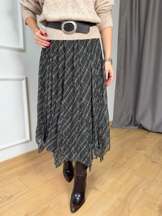 Haki Asimetrik Şifon Etek