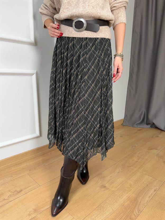 Haki Asimetrik Şifon Etek