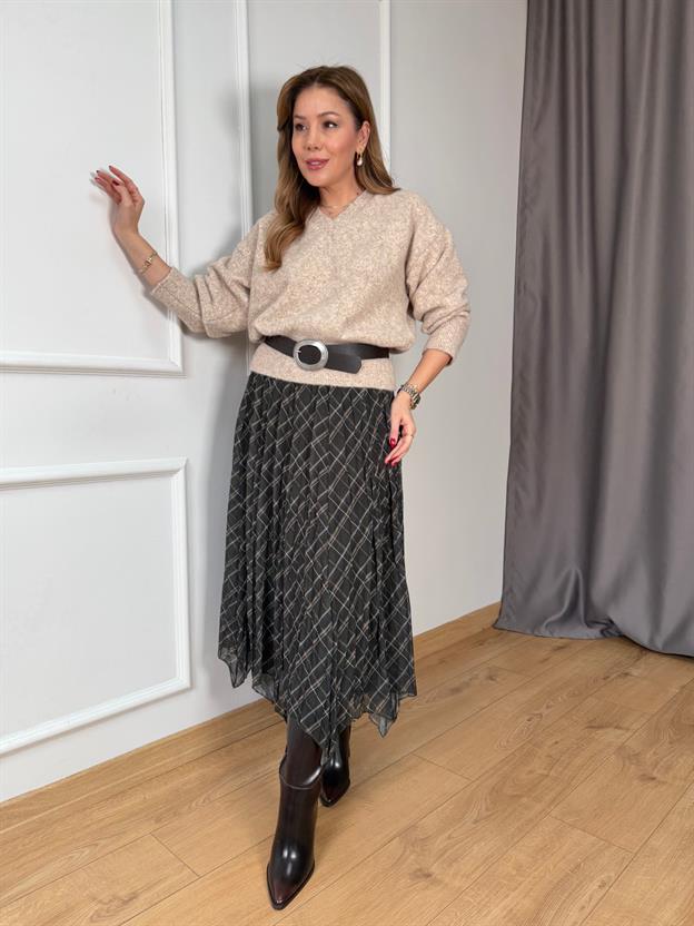 Haki Asimetrik Şifon Etek