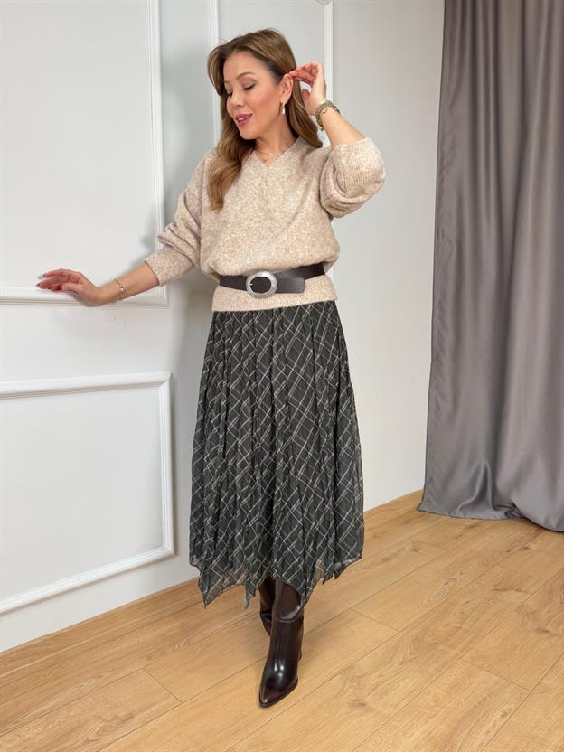 Haki Asimetrik Şifon Etek