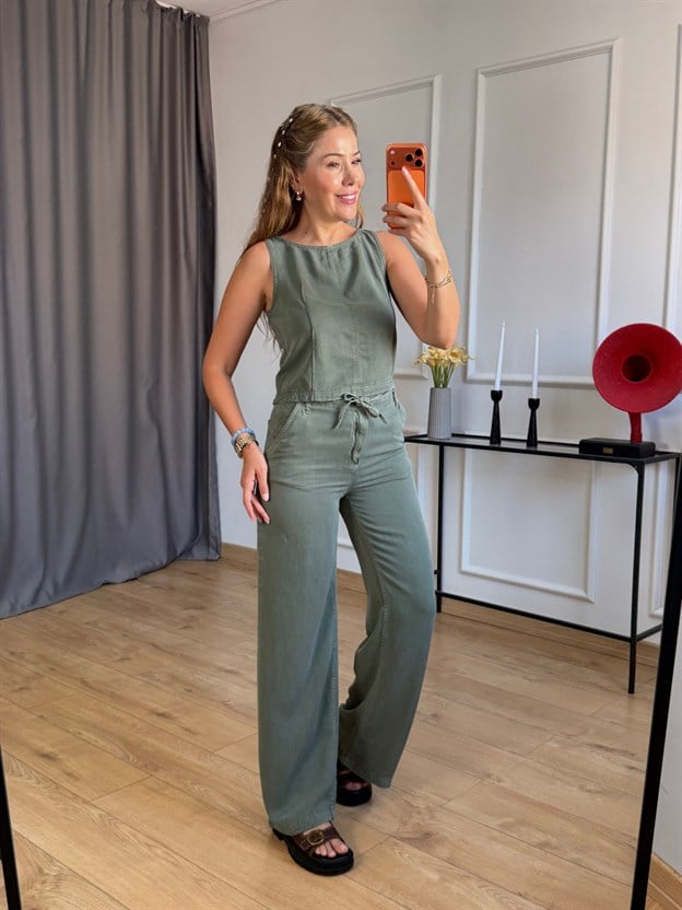 Haki Beli Bağlamalı Bluz Pantolon Takım