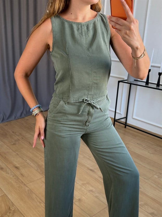 Haki Beli Bağlamalı Bluz Pantolon Takım
