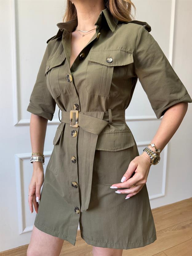 Haki Düğmeli Mini Elbise