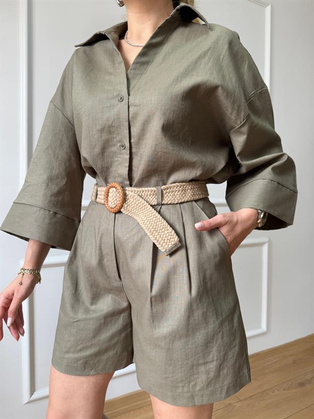 Haki Hasır Örgü Kemerli Takım