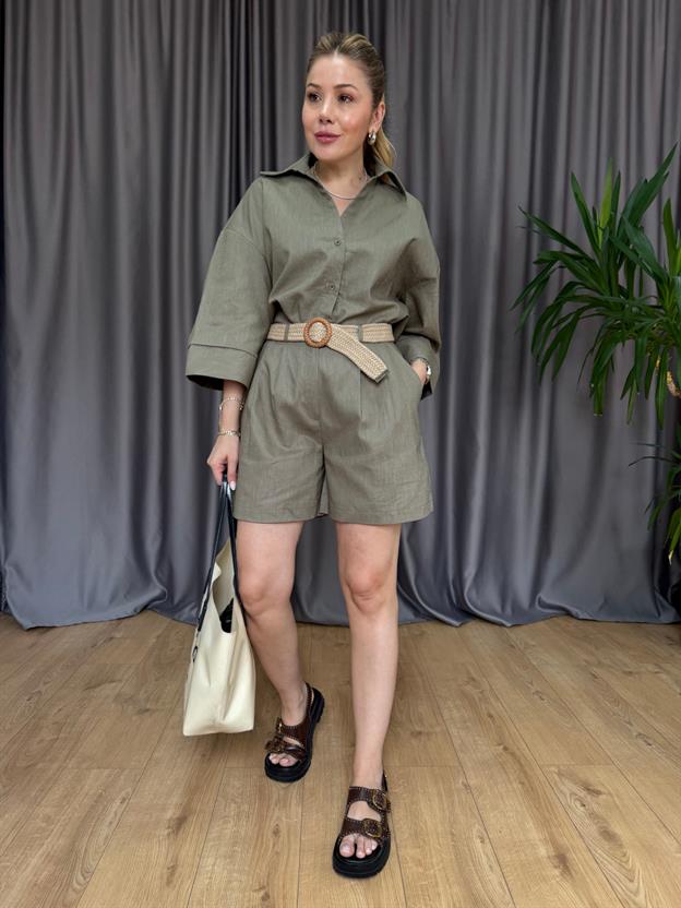 Haki Hasır Örgü Kemerli Takım