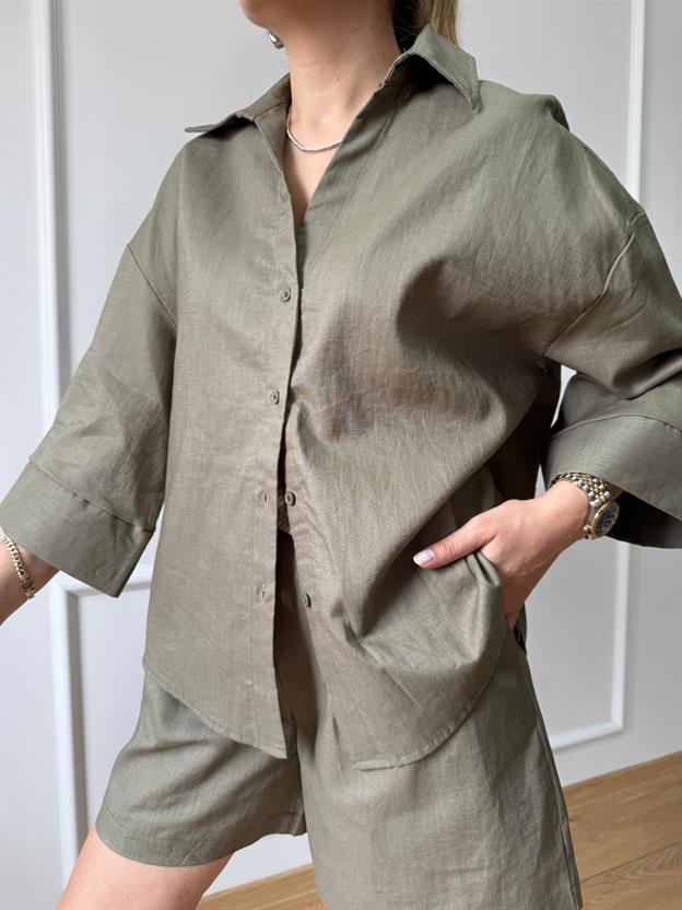 Haki Hasır Örgü Kemerli Takım