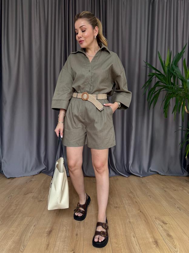 Haki Hasır Örgü Kemerli Takım