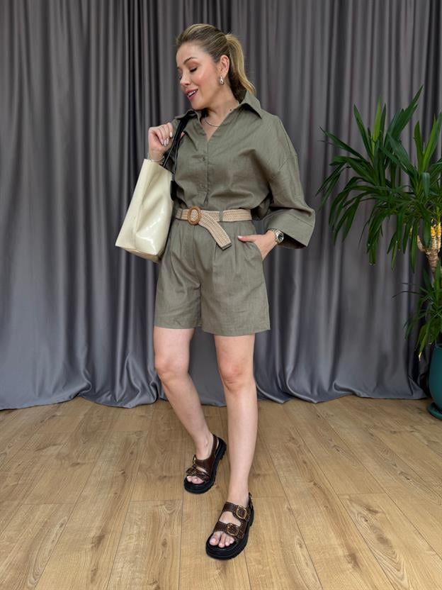 Haki Hasır Örgü Kemerli Takım