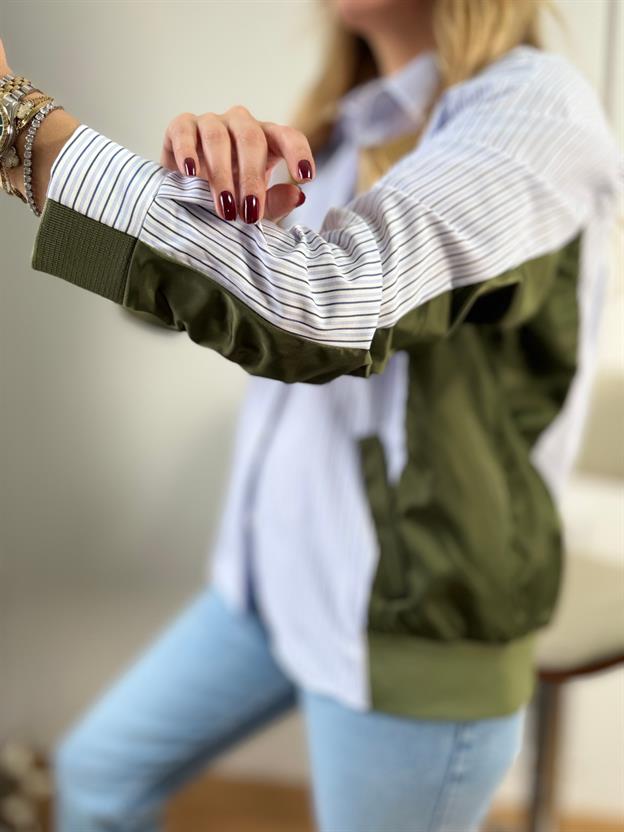 Haki Paraşüt Detaylı Çizgili Gömlek