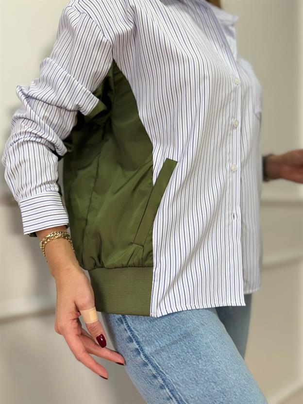 Haki Paraşüt Detaylı Çizgili Gömlek