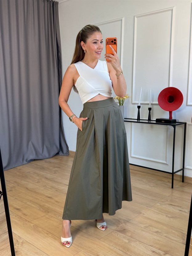 Haki Pileli Beli Lastikli Pantolon