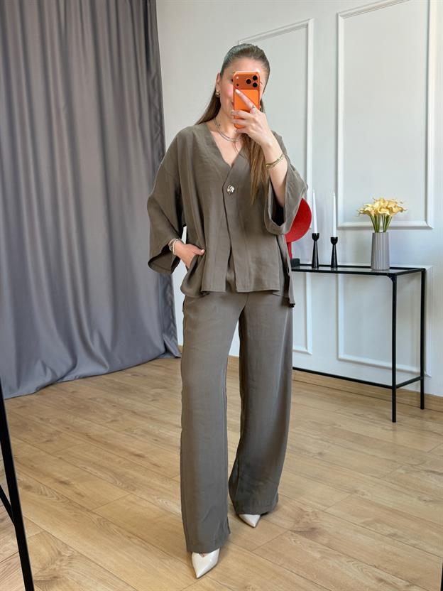 Haki Yan Yırtmaçlı Kimono Takım