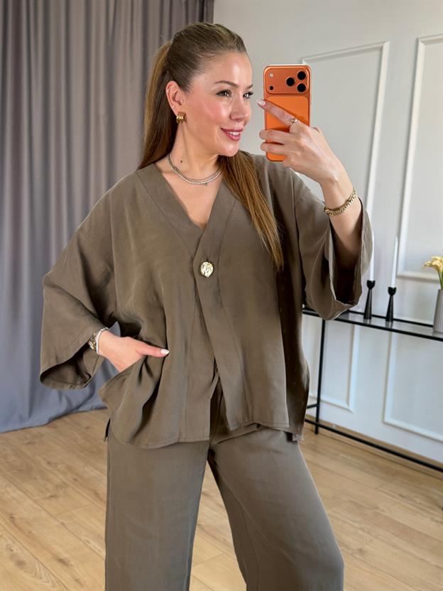 Haki Yan Yırtmaçlı Kimono Takım