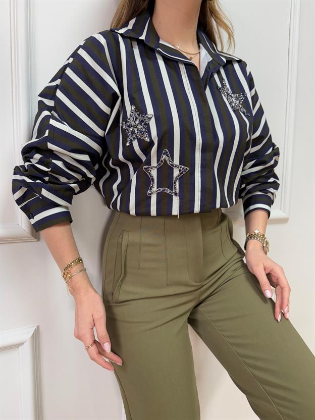 Haki Yıldız Taş Detaylı Gömlek