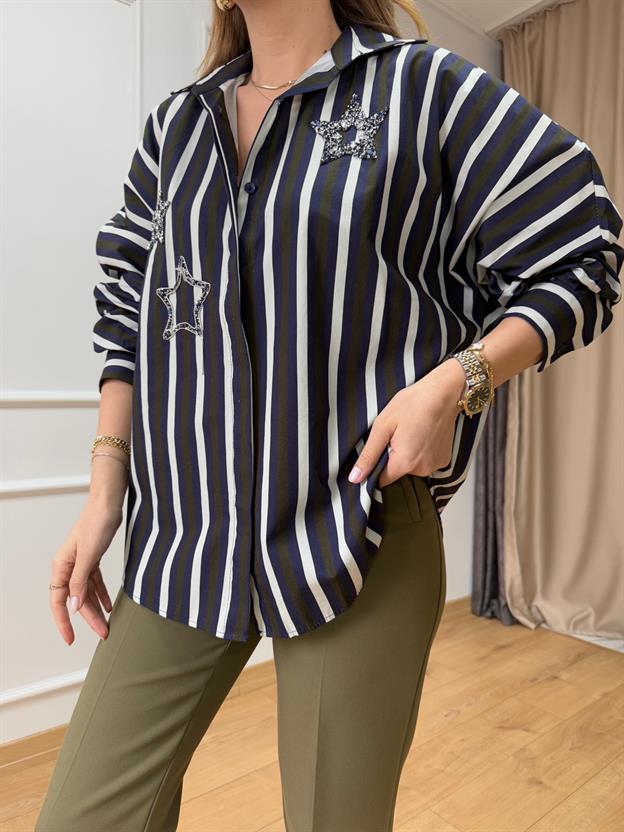 Haki Yıldız Taş Detaylı Gömlek