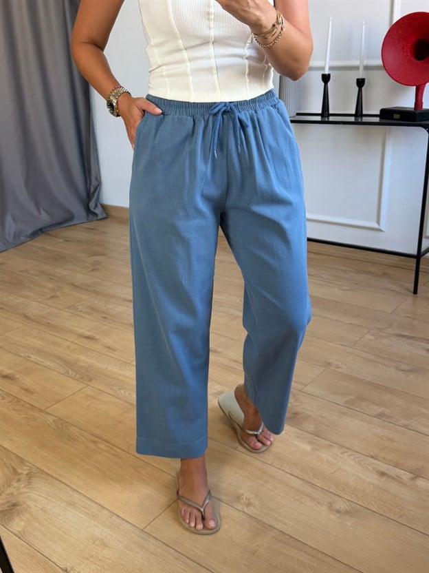 İndigo Beli Bağlamalı Pantolon