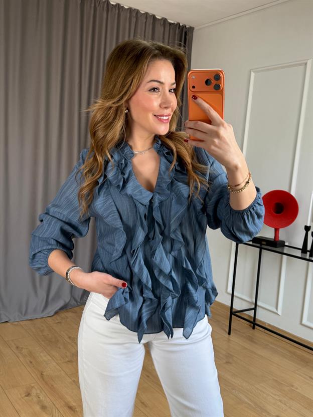 İndigo Lilyum Volanlı Bluz