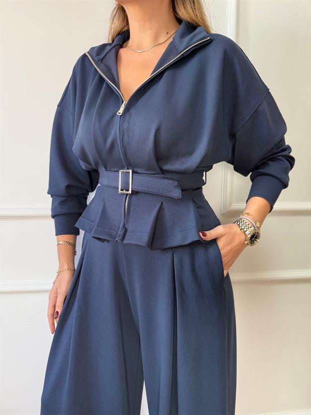 İndigo Pileli Kemerli Modal Takım