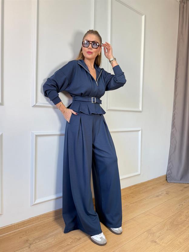 İndigo Pileli Kemerli Modal Takım