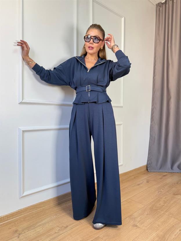 İndigo Pileli Kemerli Modal Takım