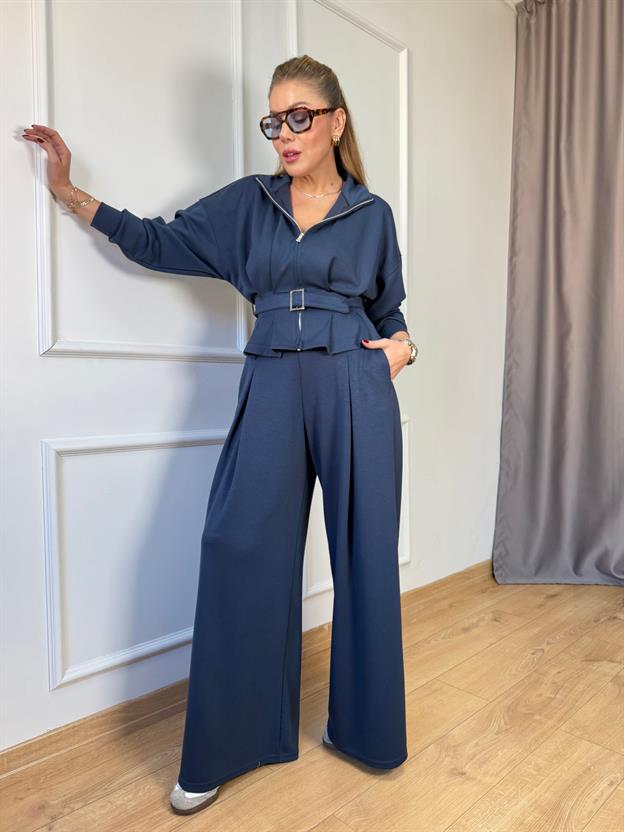 İndigo Pileli Kemerli Modal Takım