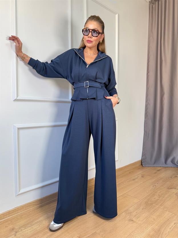 İndigo Pileli Kemerli Modal Takım