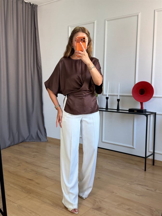 Kahve Arka Bağlamalı Yarasa Kol Bluz