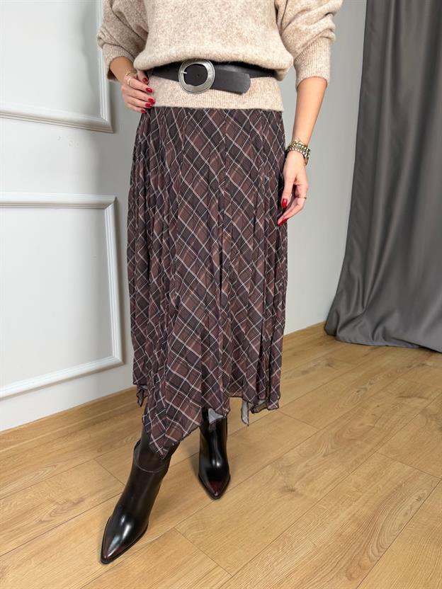 Kahve Asimetrik Şifon Etek