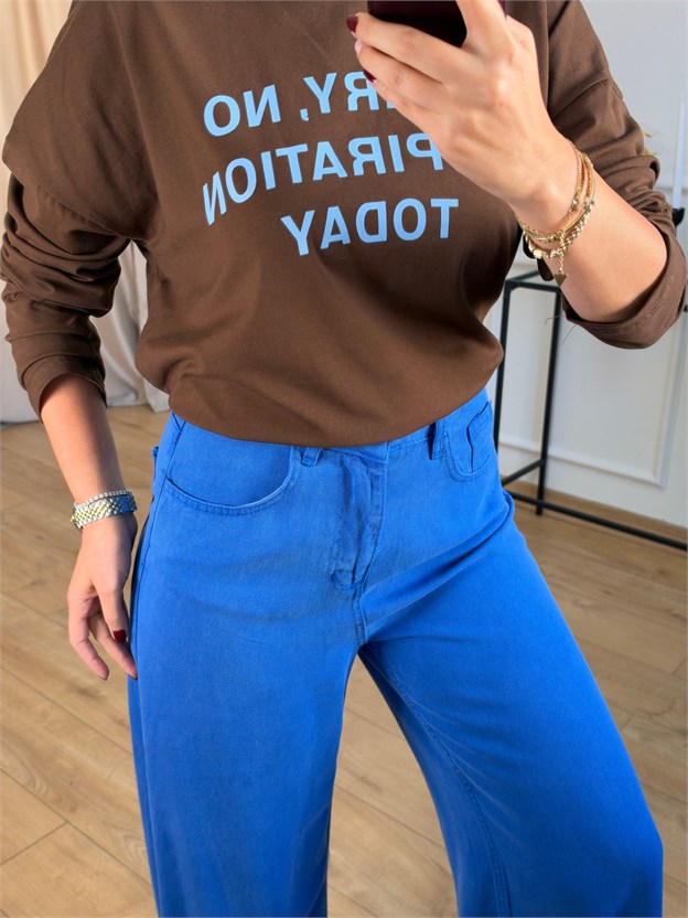 Kahve Baskılı Basic Bluz