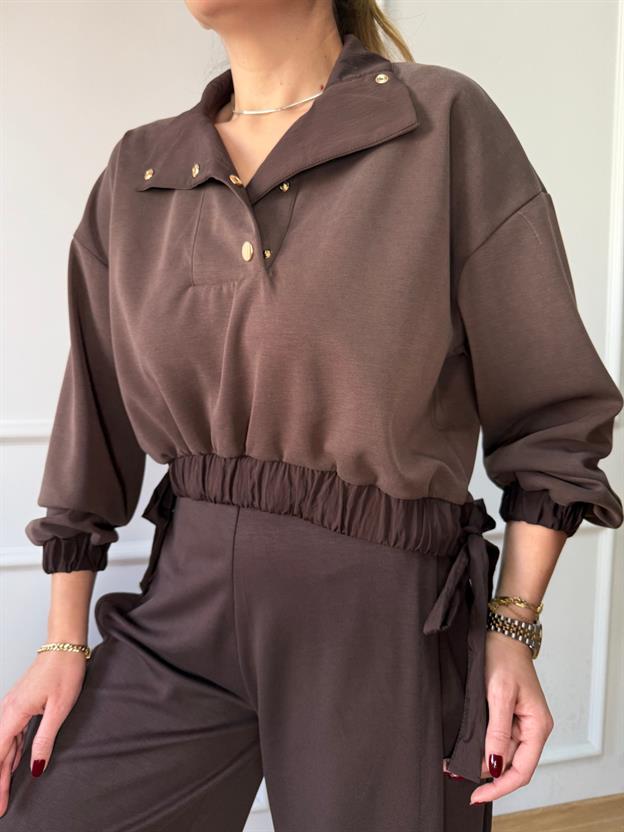 Kahve Bel Bağlama Detaylı Sweatshirt
