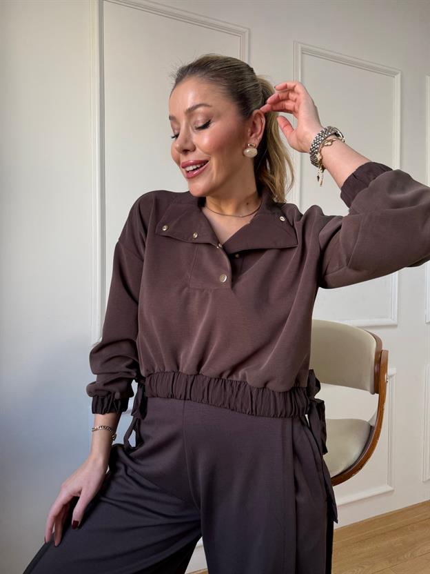 Kahve Bel Bağlama Detaylı Sweatshirt