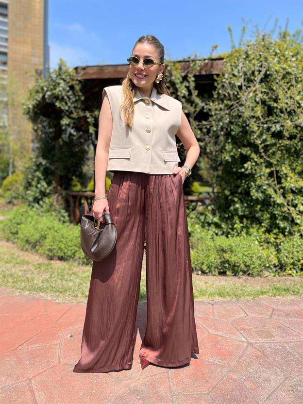 Kahve Bel İp Bağlamalı Pantolon