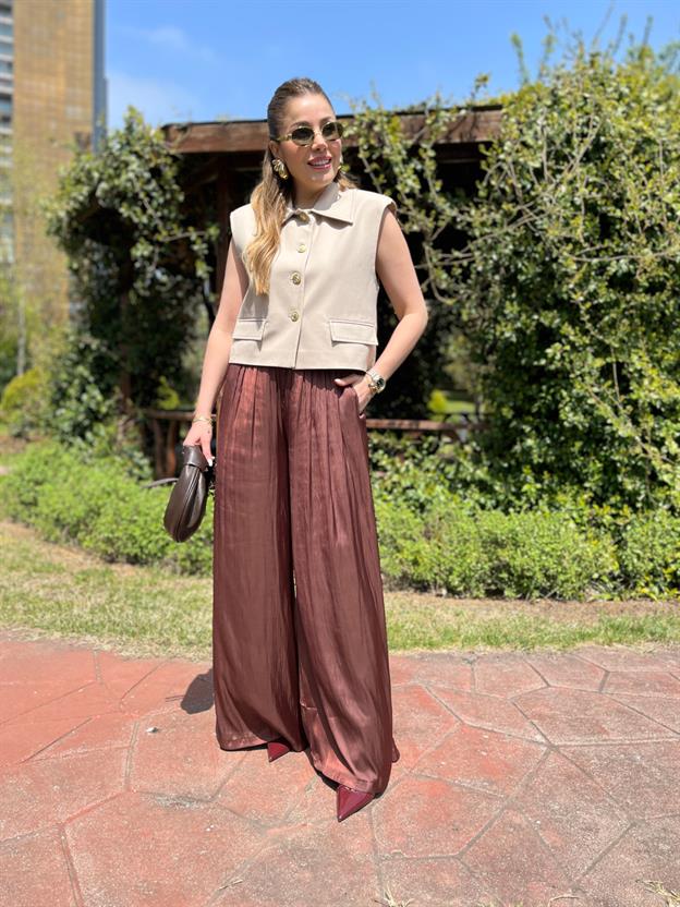 Kahve Bel İp Bağlamalı Pantolon