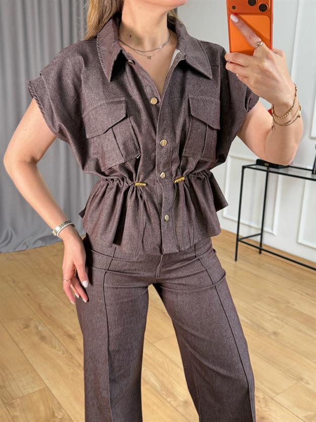 Kahve Bel Lastik Detaylı Yelek