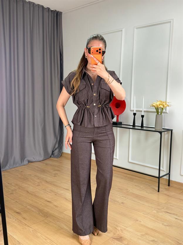 Kahve Bel Lastik Detaylı Yelek