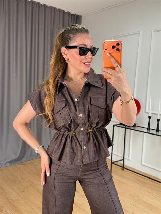 Kahve Bel Lastik Detaylı Yelek