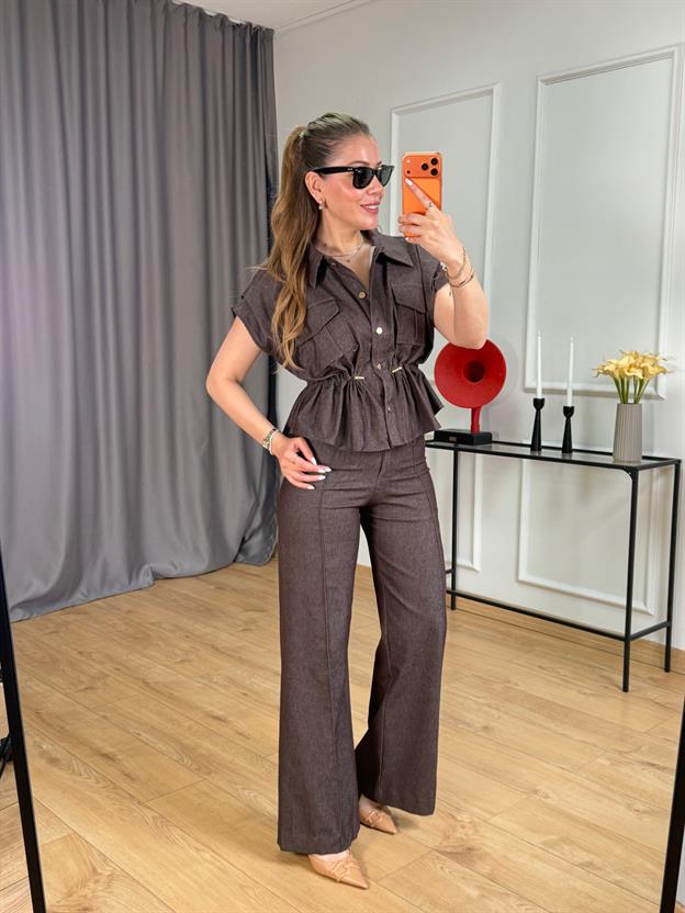 Kahve Bel Lastik Detaylı Yelek