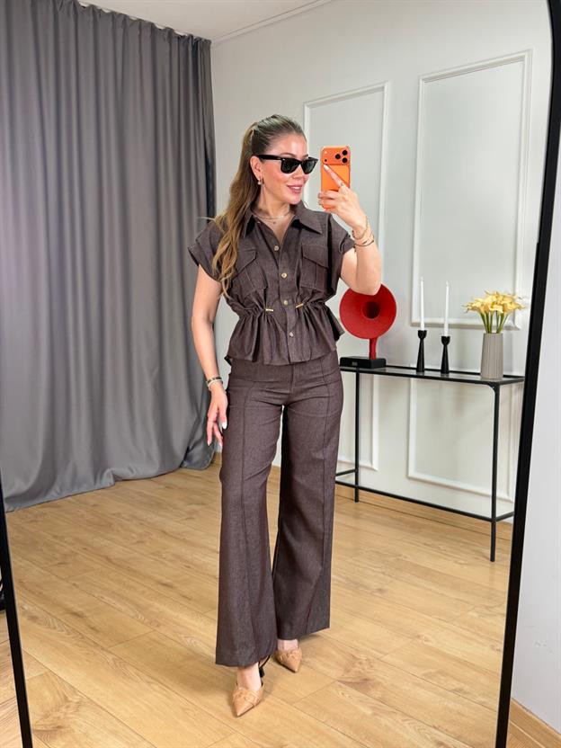 Kahve Bel Lastik Detaylı Yelek