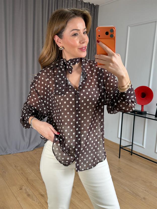 Kahve Fularlı Benekli Şifon Gömlek