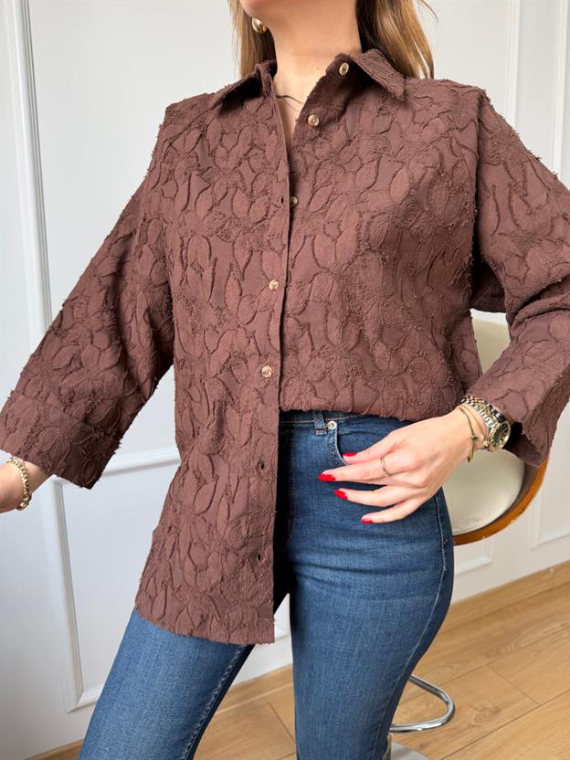 Kahve Çiçek Desenli Reglon Kol Gömlek