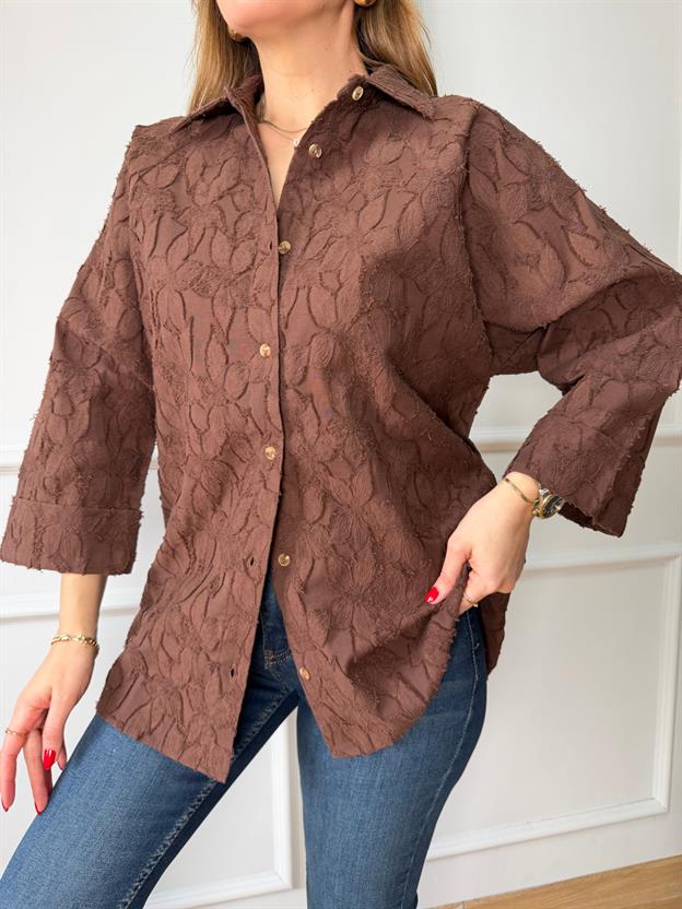 Kahve Çiçek Desenli Reglon Kol Gömlek