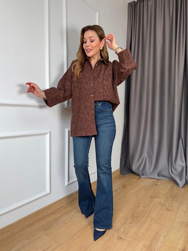 Kahve Çiçek Desenli Reglon Kol Gömlek