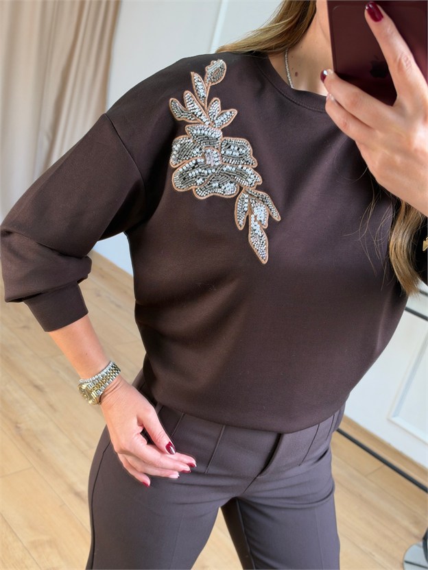 Kahve Çiçek Nakışlı Sweatshirt