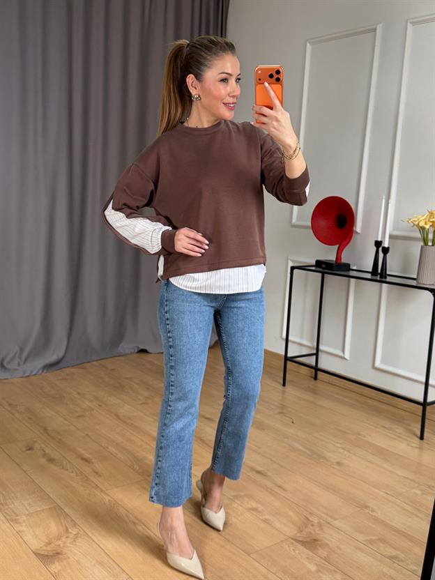 Kahve Çizgi Detaylı Sweatshirt