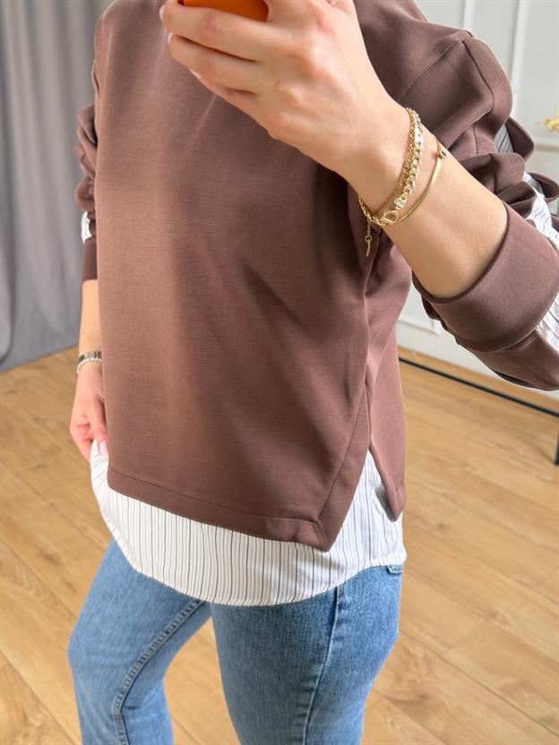Kahve Çizgi Detaylı Sweatshirt
