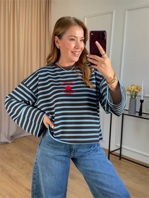 Kahve Çizgili Önü Baskılı Sweatshirt
