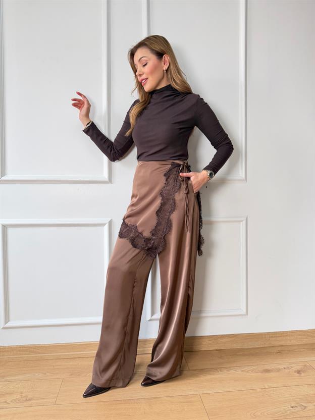 Kahve Dantel Detaylı Saten Pantolon
