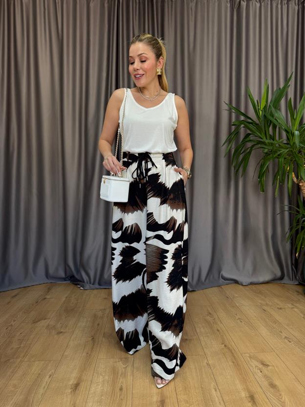 Kahve Desenli Bel İp Bağlama Detaylı Pantolon