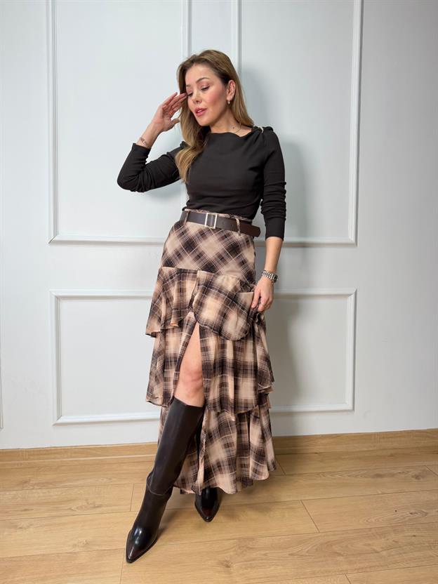 Kahve Ekoseli Katkat Etek