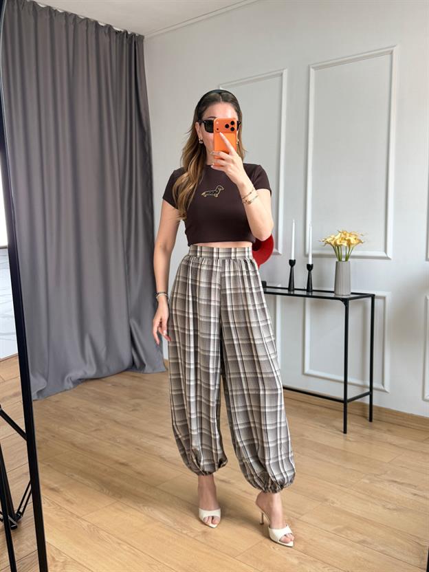 Kahve Ekoseli Şalvar Pantolon